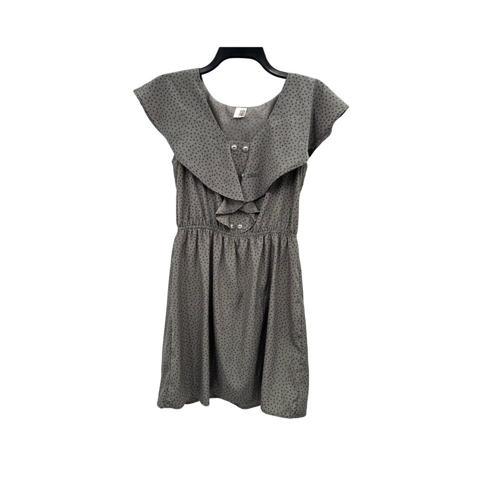 Anthropologie Brown Gray Polka Dot Dress Teal Purple Ruffle Accents Size Medium